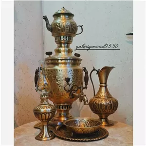 سماور برنجی ذغالی آنتیک مدل نظر طرح دارسرویس کامل خانمان مدل 344683