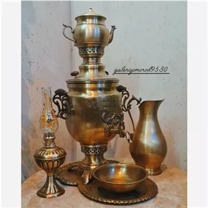 سماور برنجی ذغالی آنتیک مدل نظرساده سرویس کامل خانمان مدل 340719