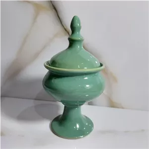 شکلات خوری و قندان سلطنتی پایه دار میناکاری جنس سفال لعاب تک رنگ سبز فیروزه ای خانمان مدل 340350