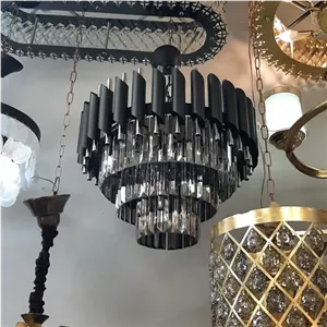 لوستر کریستالی لوله ای قطر 45 3 طبقه مشکی نقره ای خانمان مدل 349078