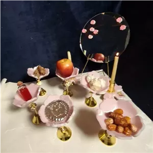 سفره هفت سین رزینی شکوفه گیلاس صورتی 6 جام گل و آینه و شمعدان خانمان مدل 338754