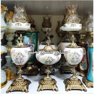 سه تیکه چراغ آباژور برنجی شمعدان فرشته لاله کریستالی لامپا برنزی خانمان مدل 327618