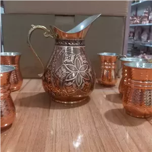 پارچ الماس تراش و شش عدد لیوان تمام مسی زنجان رنگ ثابت ارسال رایگان خانمان مدل 342117