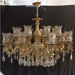 لوستر شش شاخه 12 شعله مدل ارامیس بزرگ ابکاری انتیک به همراه لاله بلند خرید از تولیدی خانمان مدل 347291