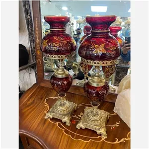 آباژور رومیزی لمپا لنتر چراغ نفتی رومیزی تراش دار پایه برنز قالپاقی سبز محرمات شمعدان خانمان مدل 325275