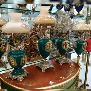 آباژور لمپا لنتر چینی برنز حباب دار چراغ نفتی سلطنتی آنتیک خانمان مدل 329406