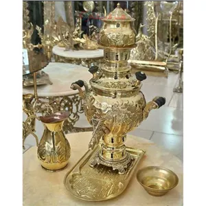 سرویس 5 پارچه سماور ذغالی برنجی، 1 لیتری، توپی قلم