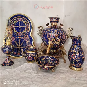 سرویس 6 پارچه سماور ذغالی برنجی کلکسیونی 6 لیتری، طرح جهان نما