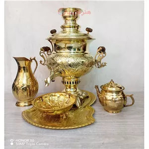 سرویس 5 پارچه سماور ذغالی برنجی 7 لیتری قلم شیر و خورشید، دسته توری