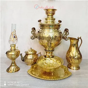 سرویس 6 پارچه سماور ذغالی برنجی 6 لیتری، قلم شیر و خورشید، دارای مهر روسی