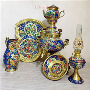 سرویس 6 پارچه سماور ذغالی برنجی میناکاری بسیار زیبا، تمام نقاشی