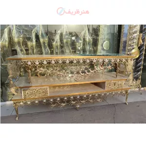 میز تلویزیون برنزی طرح سیمرغ دو کشو مدل تاج دار
