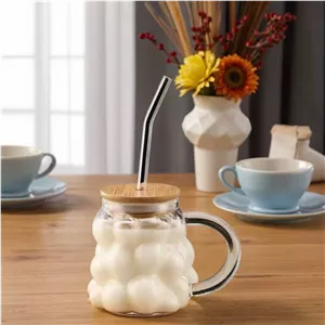 لیوان اسموتی پیرکس دسته دار درب بامبو