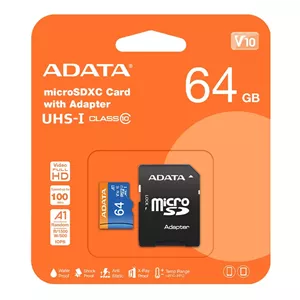 کارت حافظه microSDXC ای دیتا مدل Premier کلاس 10 استاندارد UHS-I V10 A1سرعت 100MBps ظرفیت 64 گیگابایت به همراه آداپتور