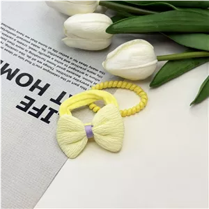 پک دوتایی کش مو پاپیون دار حوله ای و سیم تلفنی رنگ زرد