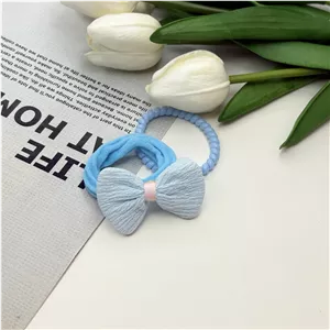 پک دوتایی کش مو پاپیون دار حوله ای و سیم تلفنی رنگ آبی