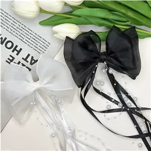 کلیپس فرانسوی مو  دو پاپیونی آویزدار مروراید و روبان گیر مو 8cm و پاپیون 15cm