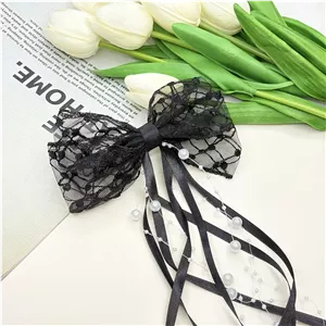 کلیپس مو فرانسوی پاپیونی گیپور آویزدار مروارید رنگ مشکی گیر مو 8cm و پاپیون 15cm