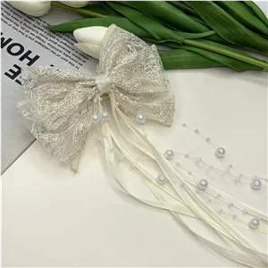 کلیپس مو فرانسوی پاپیونی گیپور آویزدار مروارید رنگ نباتی گیره مو 8cm و پاپیون 15cm