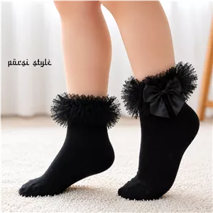جوراب دخترانه نیمساق نخی لب تور پاپیونی