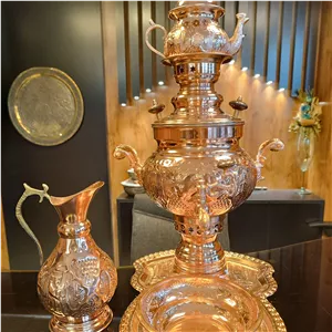 سماور مسی نقش برجسته  حجم 4 لیتری با کلیه سرویس 5 تیکه در مس زنجان نمونه