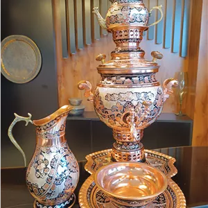 سماور مسی نقره کوب مسی ۴ لیتری همراه سرویس