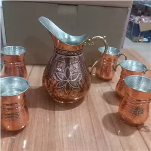 پارچ الماس تراش و شش عدد لیوان تمام مسی زنجان رنگ ثابت