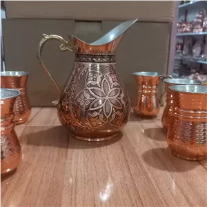 پارچ الماس تراش و شش عدد لیوان تمام مسی زنجان رنگ ثابت ارسال رایگان
