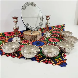 پیاله سه پایه مسی براق طرح گل برجسته آبکاری کروم بسته شش تایی