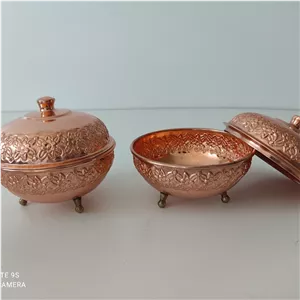 قندان مسی سه پایه دو عددی کار شیک  نانو شده با طرح گل رز