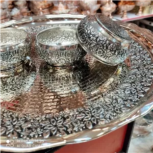 کاسه هفت سین شش تایی مسی کروم زیبا و جدید کار شیک سیاه قلم