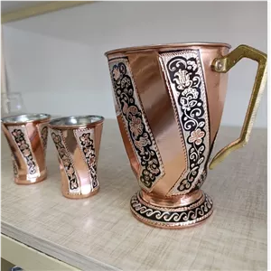 پارچ و شش عدد لیوان پیچی  مسی تراش زنجان رنگ ثابت تضمینی ضخیم و با کیفیت