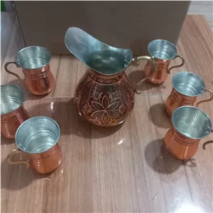 پارچ الماس تراش و شش عدد لیوان ترک تمام مسی زنجان رنگ ثابت