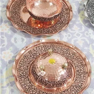 پیاله و پیش دستی مسی ۱۲ تایی گلبرگ مسی نانو شده(۶پیش ۶پیاله)