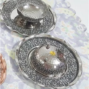 پیاله و پیش دستی مسی ۱۲ تایی گلبرگ کروم نانو شده
