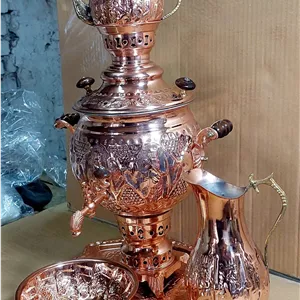 سماور مسی ۵ تیکه قلم کاری نقش برجسته