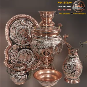 سماور نقره کوب مسی ۴ لیتری همراه سرویس