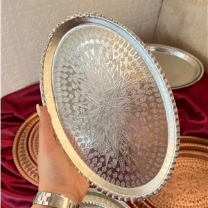 سینی مسی بیضی ترمه سفید سایز ۵  اندازه ۳۳×۲۱