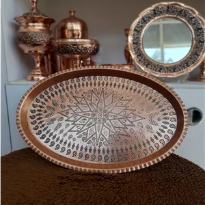 سینی مسی بیضی ترمه سایز ۵  اندازه ۳۳×۲۱ سیاه قلم نانو