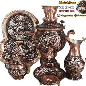 سماور مسی الماس تراش نقره کوب ۴ لیتری همراه سرویس ۵ تیکه نانو