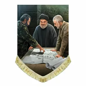 کتیبه مخمل عمودی شهید سید حسن نصرالله و شهید حاج قاسم سلیمانی و عماد مغنیه