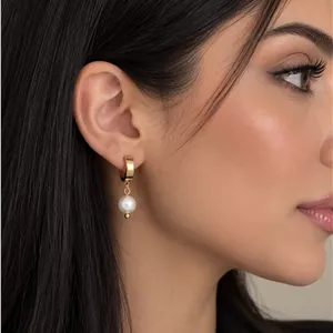 گوشواره حلقه ای پهن با اویز مروارید پرورشی