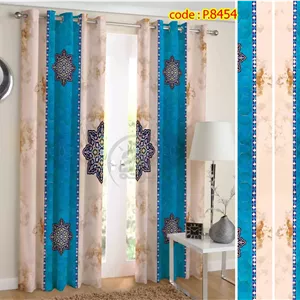 پرده آماده پانچ چاپی طرح سنتی آبی فیروزه ای و کرم  ۸۴۵۴ (تعداد پنل)