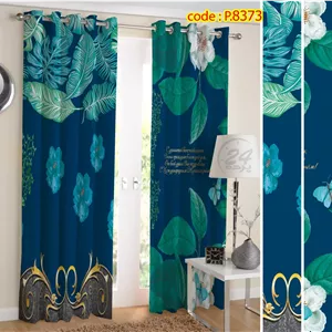 پرده آماده پانچ چاپی طرح برگ سبز و آبی فیروزه ای P.8373