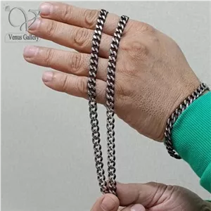 ست گردنبند و دستبند کارتیر مردانه استیل رنگ دودی مشکی کد 5860