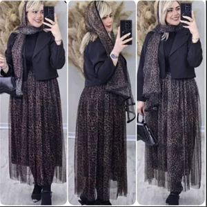 ست سه تیکه شال و کت و دامن زنانه عیدانه ترلان شیک و جدید و جذاب پلنگی سایز ۳۸ تا ۴۶