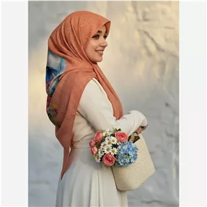 روسری نخی قواره بزرگ طرح بلا نارنجی چتر راه راه خاص شیک