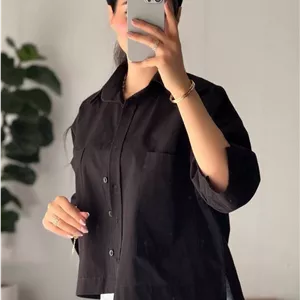 شومیز مانتویی باکسی بغل چاک دار جیب دار زنانه/شومیز مشکی و کرم استخوانی /کالکشن بهاره و تابستانه/شومیز ساده دکمه دار ترند همیشگی