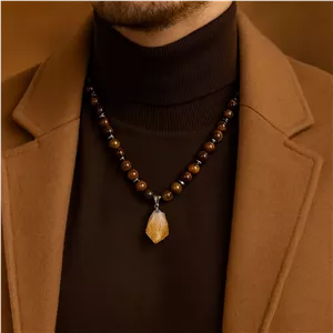 گردنبند چشم ببر و حدید با آویز سیترین