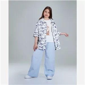 ست سه تیکه دخترانه شامل شومیز کتان، تیشرت فلامنت و شلوار بگ لینن